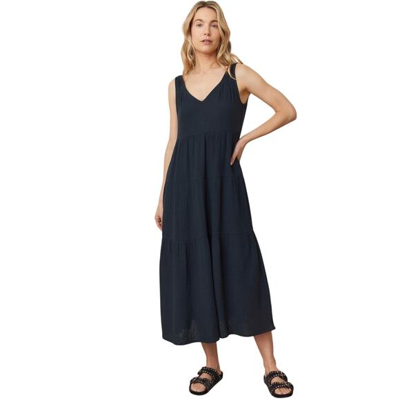 Marine Layer Corinne Black Double Layer Gauze Tiered Maxi Dress Pockets Medium - Picture 1 of 8